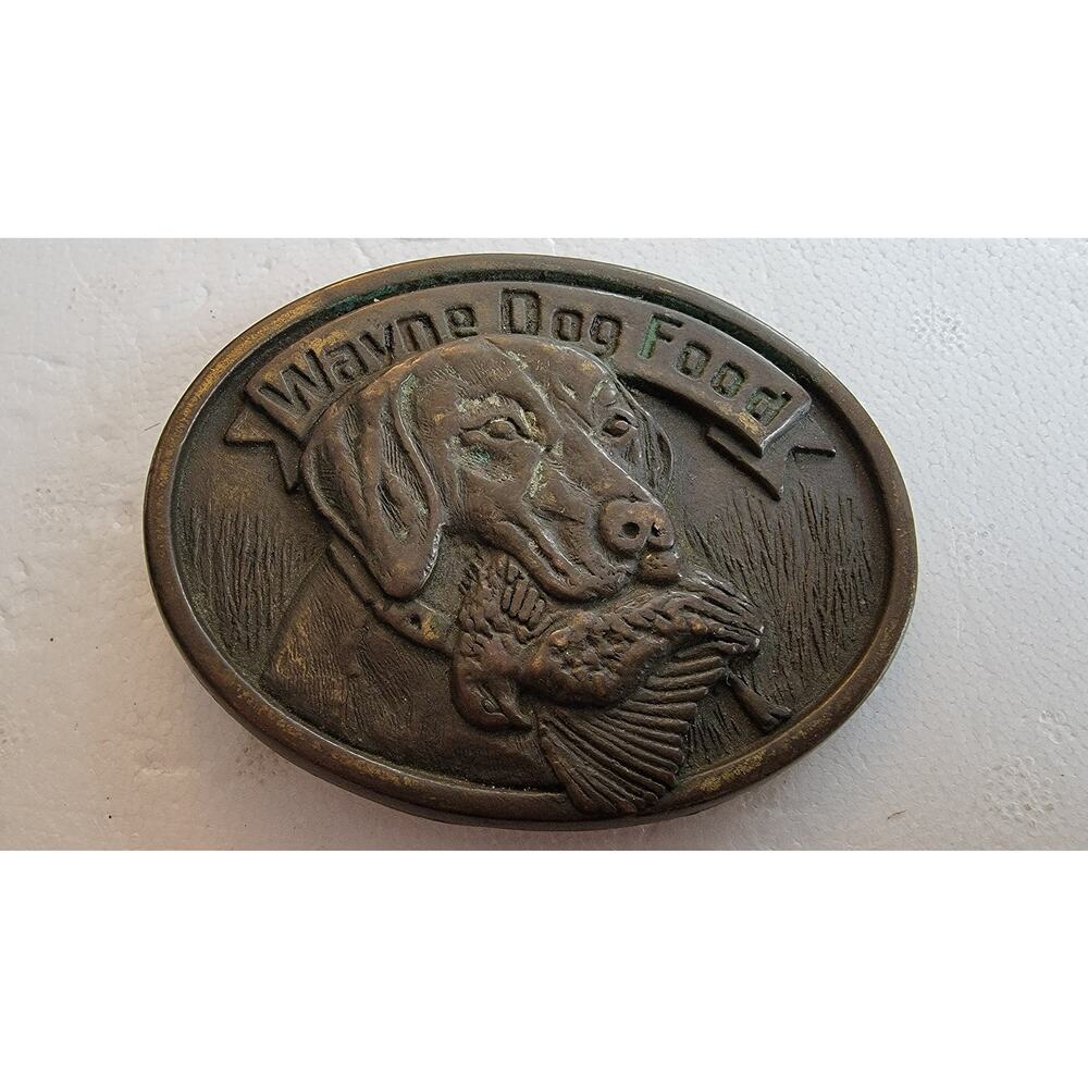 Vintage Wayne Dog Food Hunting Retriever Solid Brass Advertising Belt Buckle